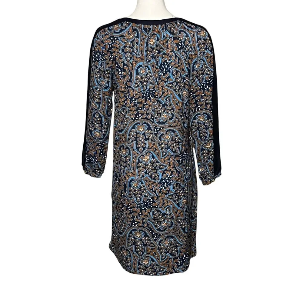 Tory Burch Silk Tunic Shift Dress Size 8 Blue Brown Paisley Print Long Sleeve
